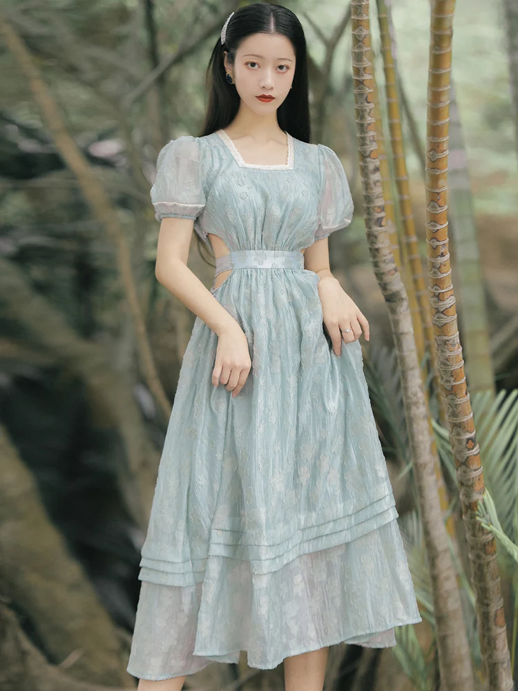 

New Design Summer Light Green Fairy Dress Women Vintage Jacqard Square Collar Puff Sleeve Retro Princess Dresses Vestido Festa
