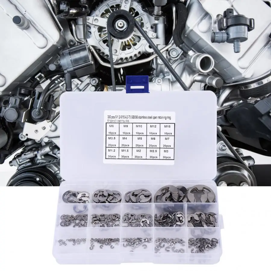 Набор E образных зажимов из нержавеющей стали 300 шт. ассортимент колец типа M1.2 ~ M15