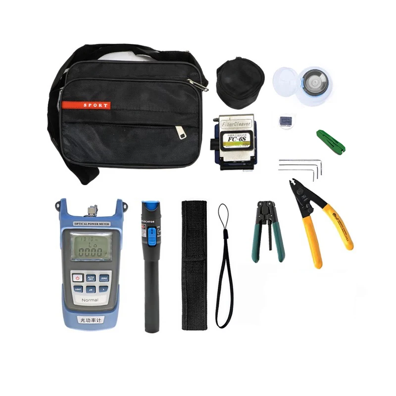 FTTH Fiber Optic Tool Kit 12pcs/set FC-6S Cleaver -70~+3dBm Power Meter 5km Laser pointe