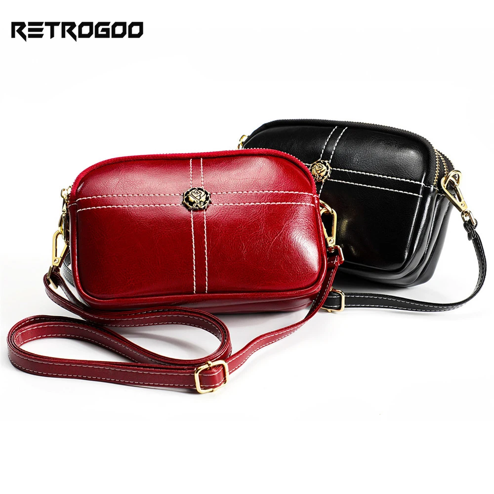 

RETROGOO Genuine Leather Women's Shoulder Bag 3 Zipper Pocket Female Crossbody Bag Small Women Messenger Bags Cowhider Handbag