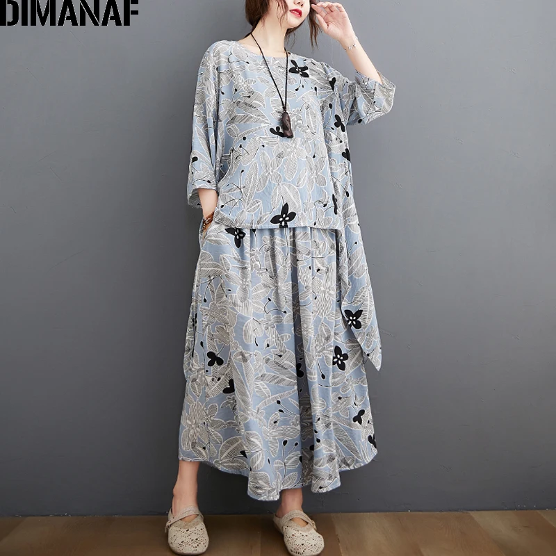 DIMANAF-Conjunto de dos piezas de talla grande para mujer, ropa con estampado de vinilo, Tops, camisa, pantalones sueltos de lino, traje de verano