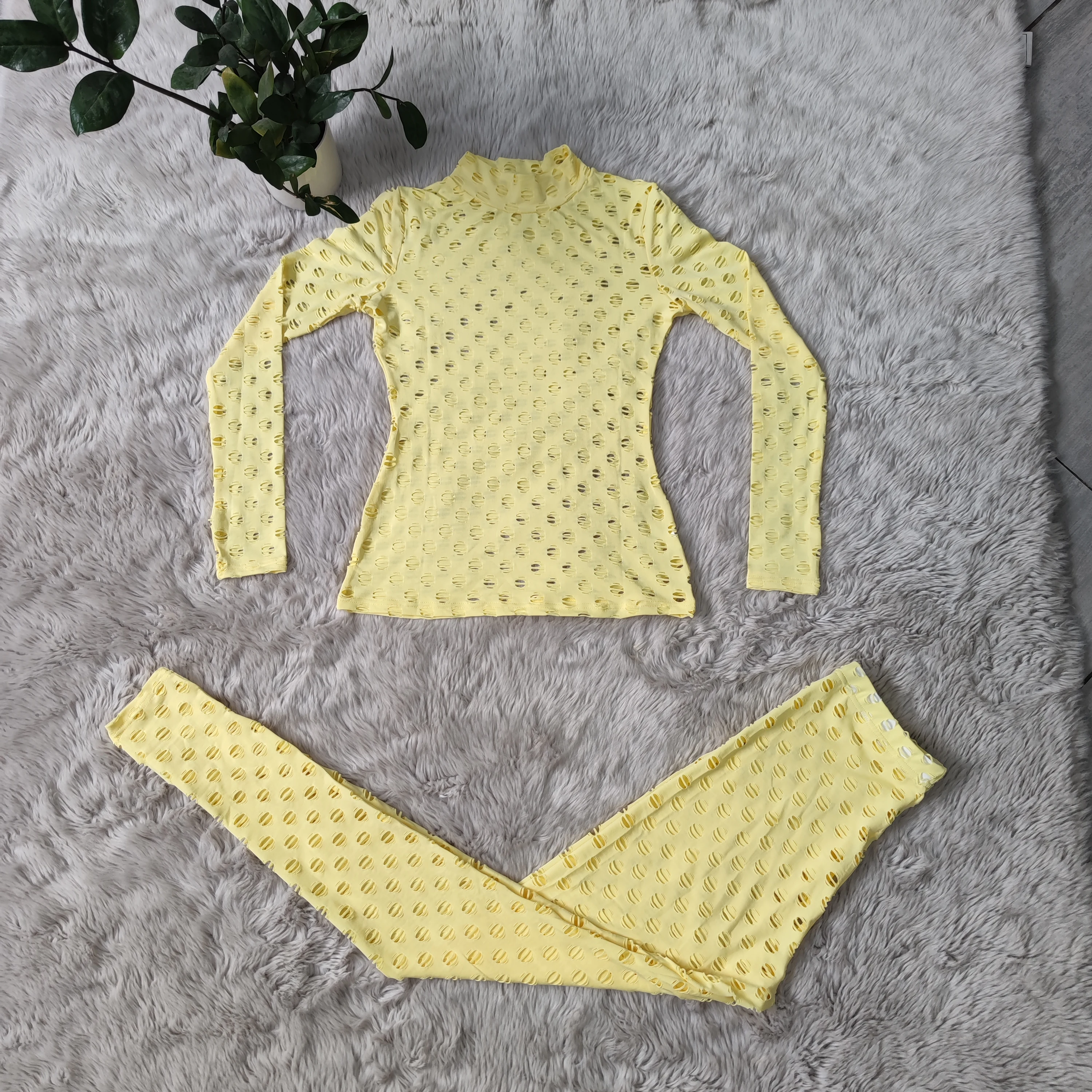

Coolhappy 2021 Sexy Perspective Close Fitting Women's Long Sleeve Solid High Collar Perforated Knitted Mesh Sports Suit