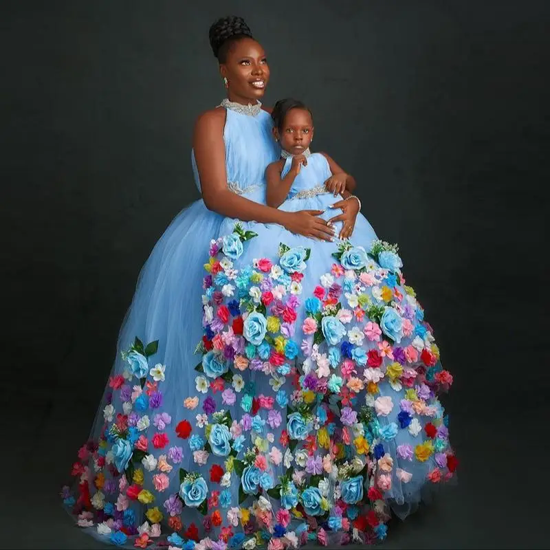 

Светильник-голубое Цветочное платье для девочки на свадьбу с драгоценным вырезом 3D цветочное Бисероплетение тюлевые платья на день рождения Одежда для конкурса на Первое причастие