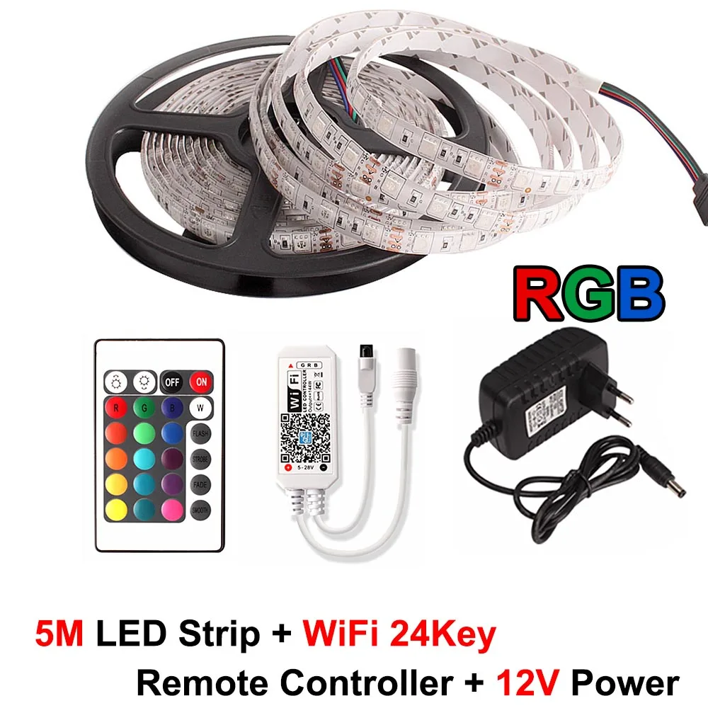 Wifi 24Keys Set RGB лента 5 м 300 Светодиодная лента 5050 водонепроницаемая гибкая лента светодиодная неоновая лента 12 В лампа с пультом дистанционного управления адаптер питания - Испускаемый цвет: Wifi 24Keys Set