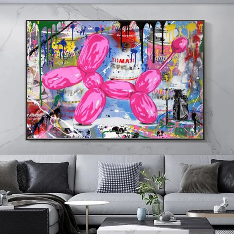 

Canvas Pink Balloon Dog Graffiti Painting Wall Art Pictures Cartoon Prints and Posters Modern Home Decorative for Living Room