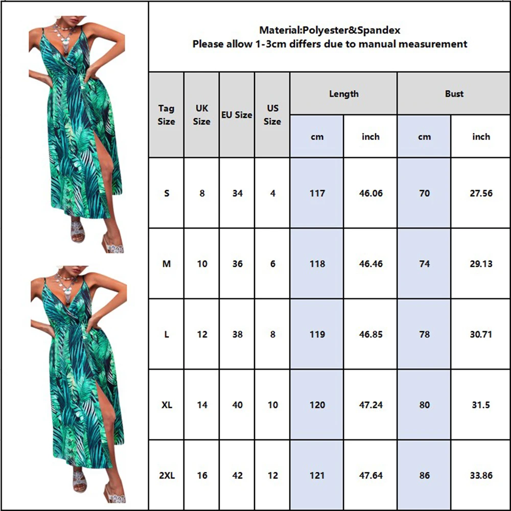 

Women Sexy Hem Slit Bohemian Print Dress Green Suspender V-Neck Sleeveless Maxi Dresses Casual Beach Holiday Strap Sundress D30