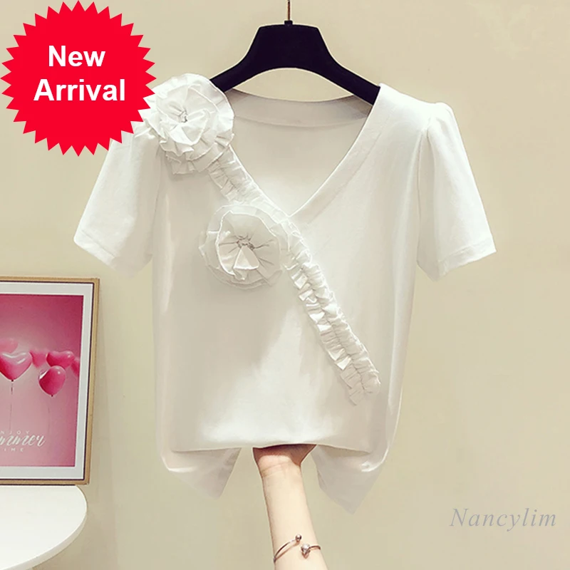 

Three-Dimensional Flower Ruffle V-neck Short Sleeve T Shirt for Women 2021 Summer New Korean Style Casual Slim Tops