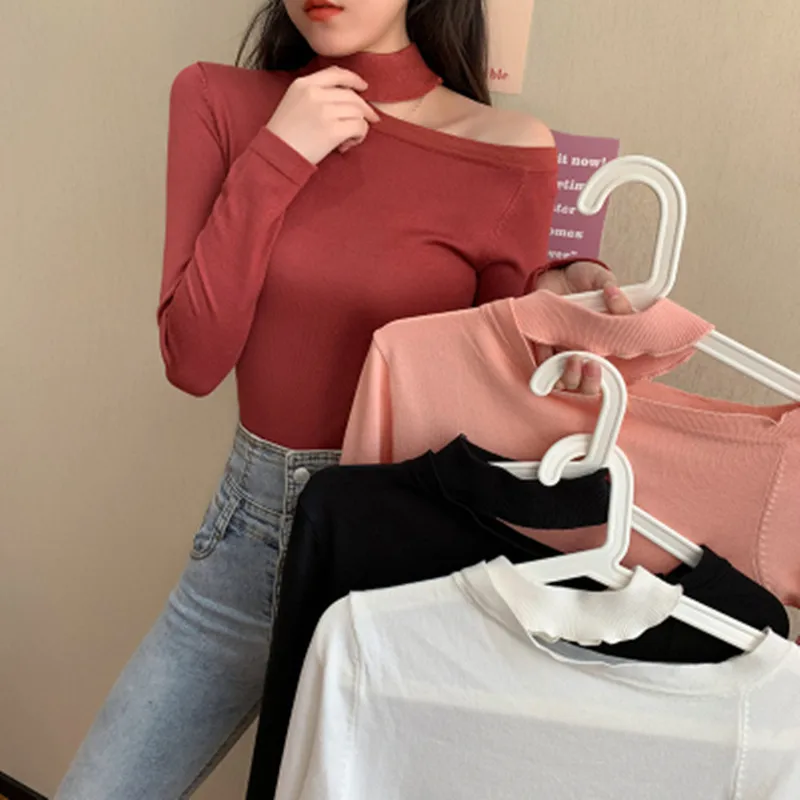 

Turtleneck One-shoulder Knitted Sweater 2022 Fall Fashion Strapless Sexy Sweaters Solid Pullover Ladies Top Basic Women Clothing