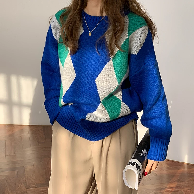 

Casual Argyle Loose Round Neck Pullover Sweater Women Autumn Winter Long Sleeve Knitting Sweater Female Coat