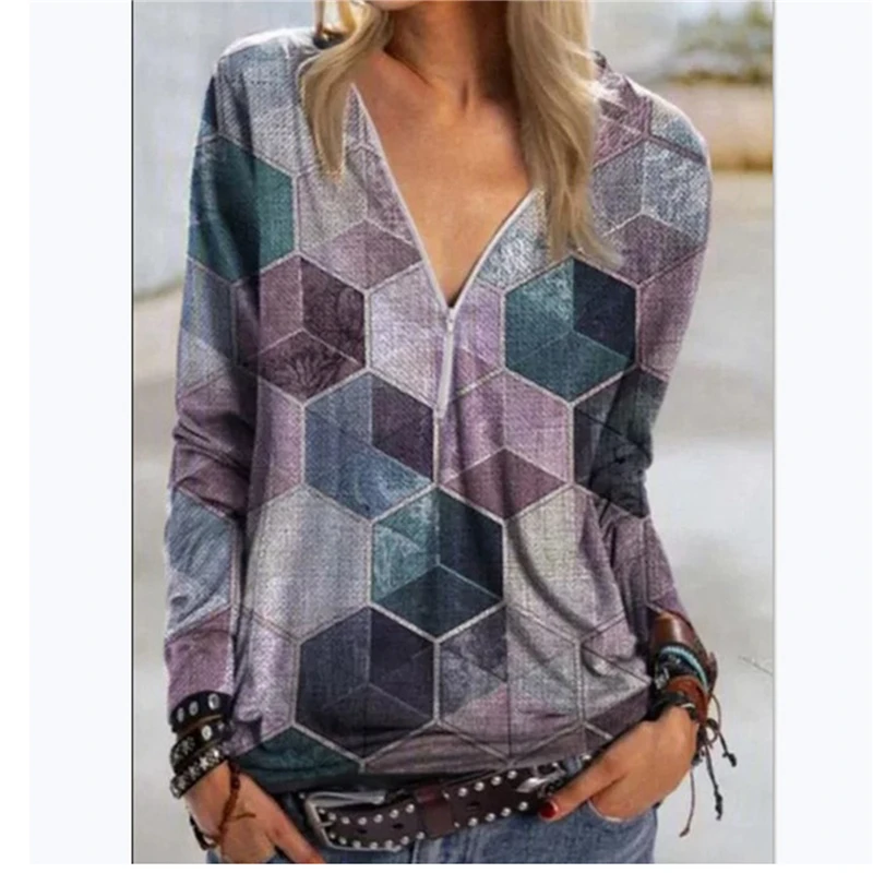 

Spring New Casaul Shirts For Ladies Long-sleeved Loose V-neck Blouse 2XL Women's Autumn Print Shirts