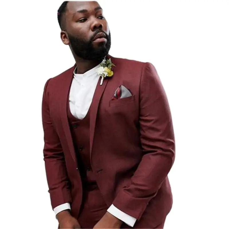 

Burgundy Plus Size Wedding Suits Slim Fit 3 Pieces Groom Tuxedos Groomsmen Wear Best Wedding Tuxedos (Jacket+Pants+Vest)