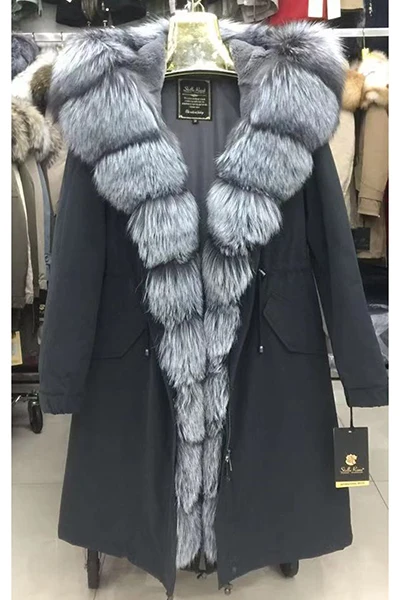 Женские зимние длинные парки, пальто, куртки из лисьего меха енота со съемным мехом кролика с капюшоном 18035 D103 - Цвет: GRAY D103  BF14  M11