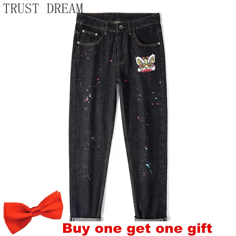 

2021 New Men Jeans Paint Color Dot Slim Male Print Denim Pant Decor Tiger Streetwear High Street Hip Hop Casual Hombre Clothing