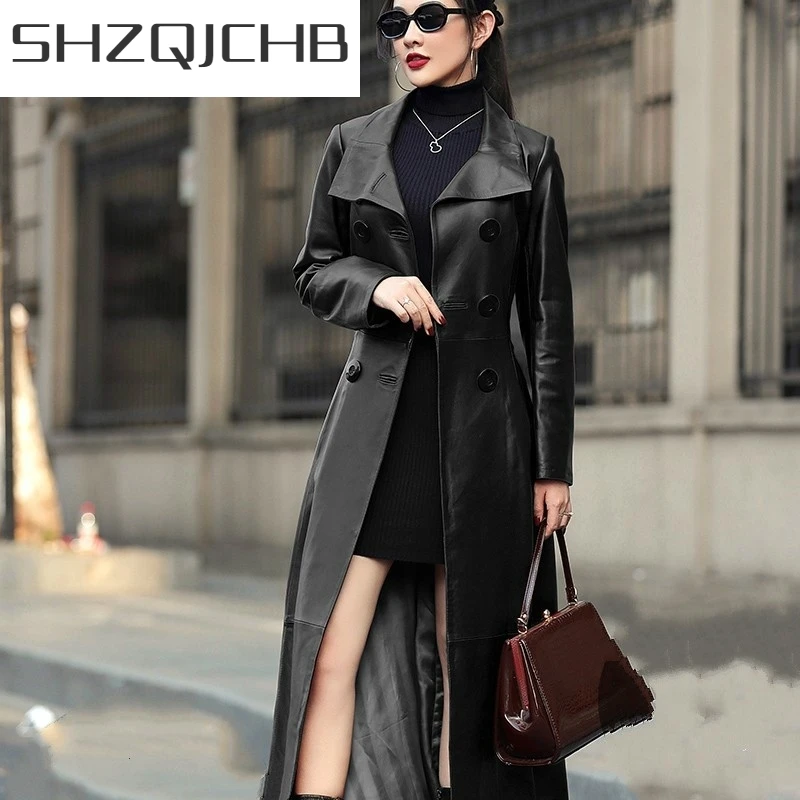 

JCHB 2021 New Women Stand Collar Double Breasted Windbreakers Genuine Leather Jacket Elegant Office Ladies Belt MaxiLong Sheeps