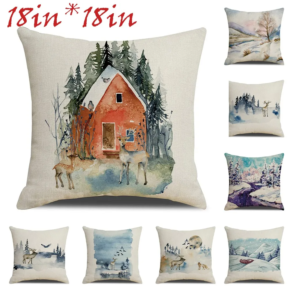 

45x45cm Merry Christmas Pillow Case Xmas Deer In Snow Forest Picture Cushion Cover For Home Sofa Decor Short Plush Pillowcases