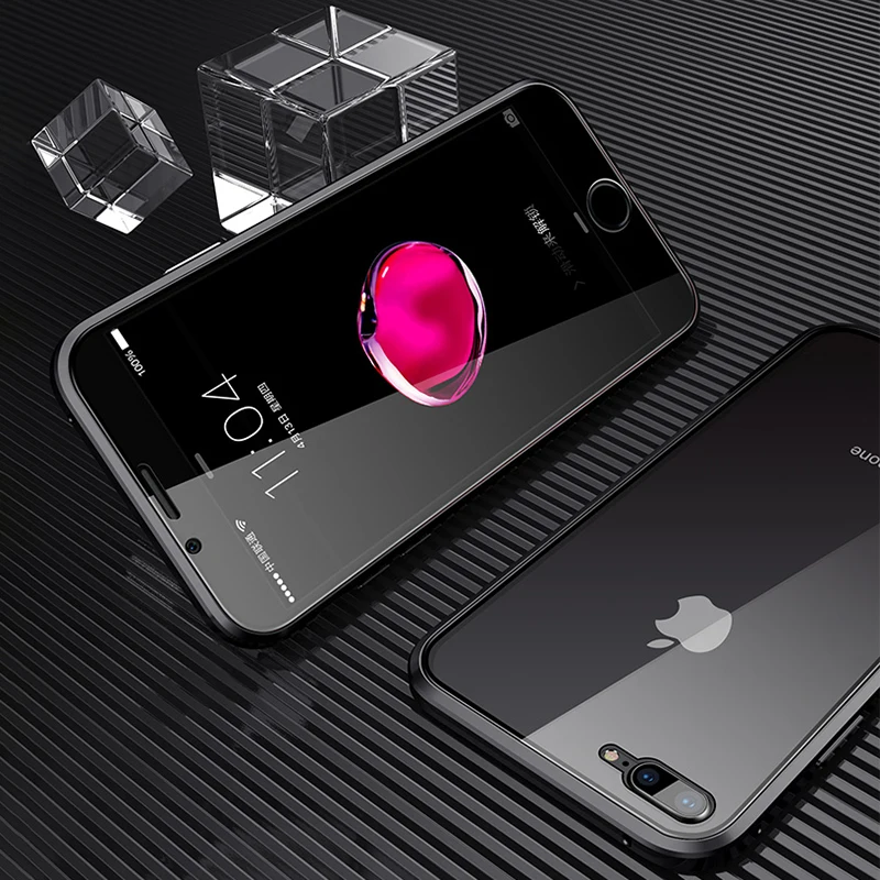 Black 360 магнитный металлический чехол для телефона iphone 7 8 6 Plus Двойное боковое стекло для iphone X XR XS MAX 6 6S plus 9H закаленное стекло чехол - Цвет: Black