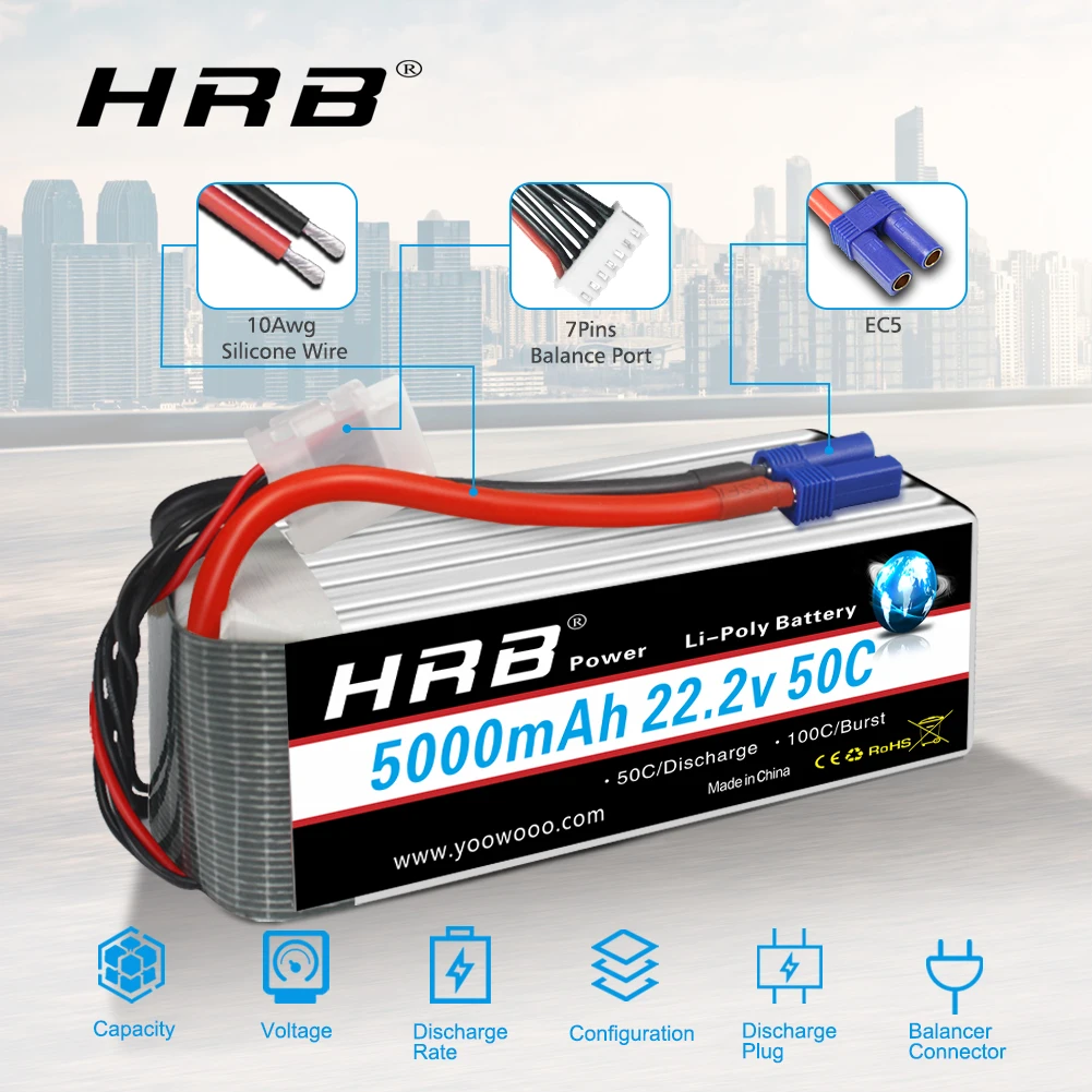 HRB-bater&iacute;a Lipo 6S de 22,2 V, 5000mAh, 50C con conector EC5 XT90 para Lab 700 800, Quadcopter, helic&oacute;ptero, Drone, Align 7,2 Yak 54, 2 uds.-3