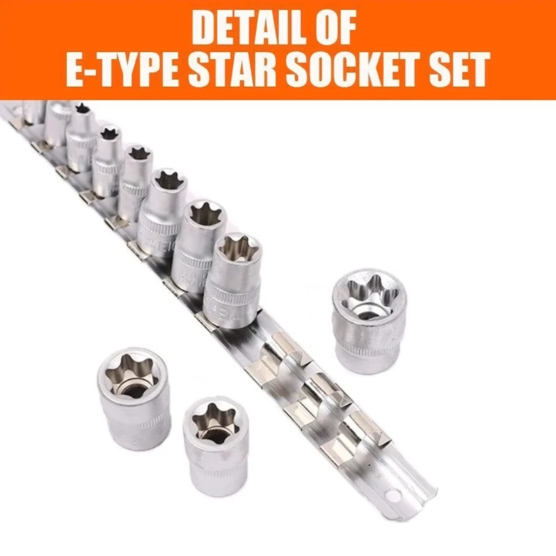 

X7YF Female E-TORX Star Socket Set with Rail 11 Pcs Female External Star Socket Set E4 - E20 Torque Socket Set Alloy Steel