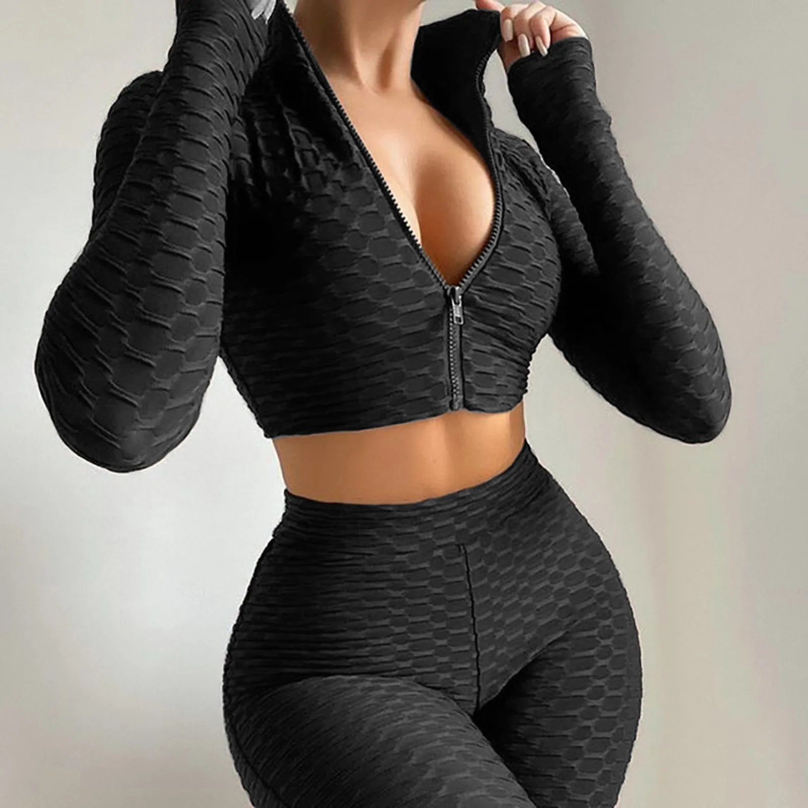 

DAIGELO Yoga Short Sets Women Tight-fitting Solid Color Long-sleeved Pants Suit Casual Sports Suit Zip Long Sleeve Shorts Set