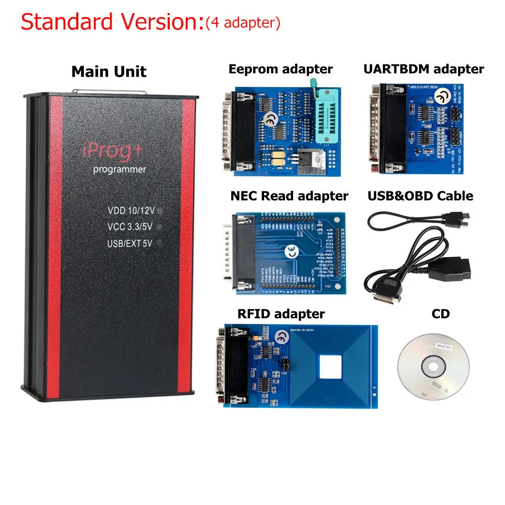 Standard 4 adapter IPROG+ Iprog программист V80 поддержка год 3в1 IMMO+ коррекция пробега+ сброс подушки безопасности с K Line/CAN BUS/MB IR адаптеры - Цвет: Standard 4 adapter