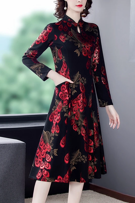 

COIGARSAM 4XL Plus Size Cheongsam Women dress New Spring Vintage Dresses Red Green 9815