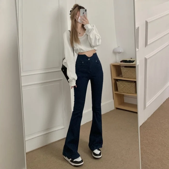 

Узкие джинсы с завышенной талией, женские осенние облегающие эластичные штаны из микрогудка, популярные уличные широкие брюки для девушек