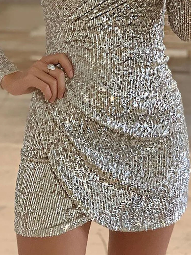 

2019 Autumn Women Elegant Shinny Mini Party Dress Female V-Neck Slinky Sparkly Dress Surplice Wrap Ruched Sequins Bodycon Dress