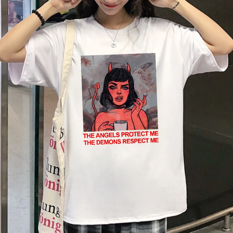 

Women T-Shirts Protect Demons Print Tshirt Angel Harajuku Vintage Shirt Women Fashion woman Clothing Tops Female T-shirt Clothes
