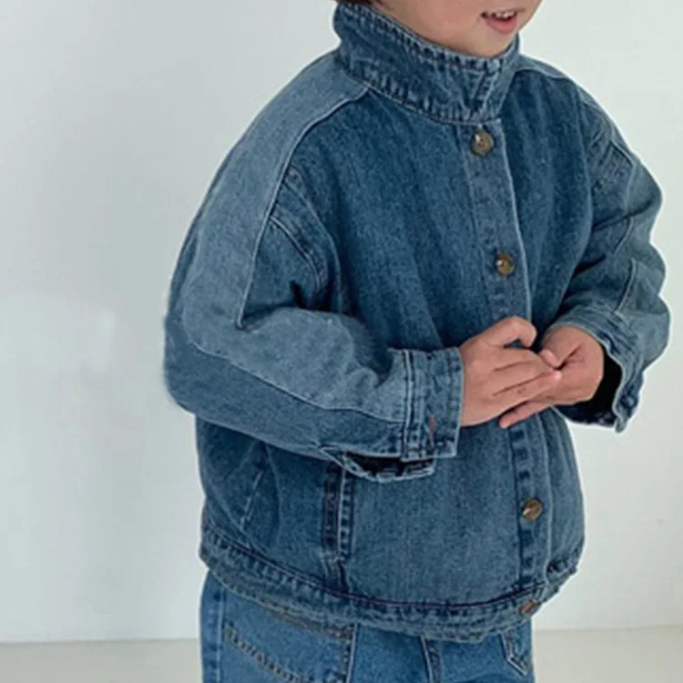 

Autumn Children's Boys And Girls Wash Old Fashion Splicing Wide Straddle Stand Collar Denim Coat