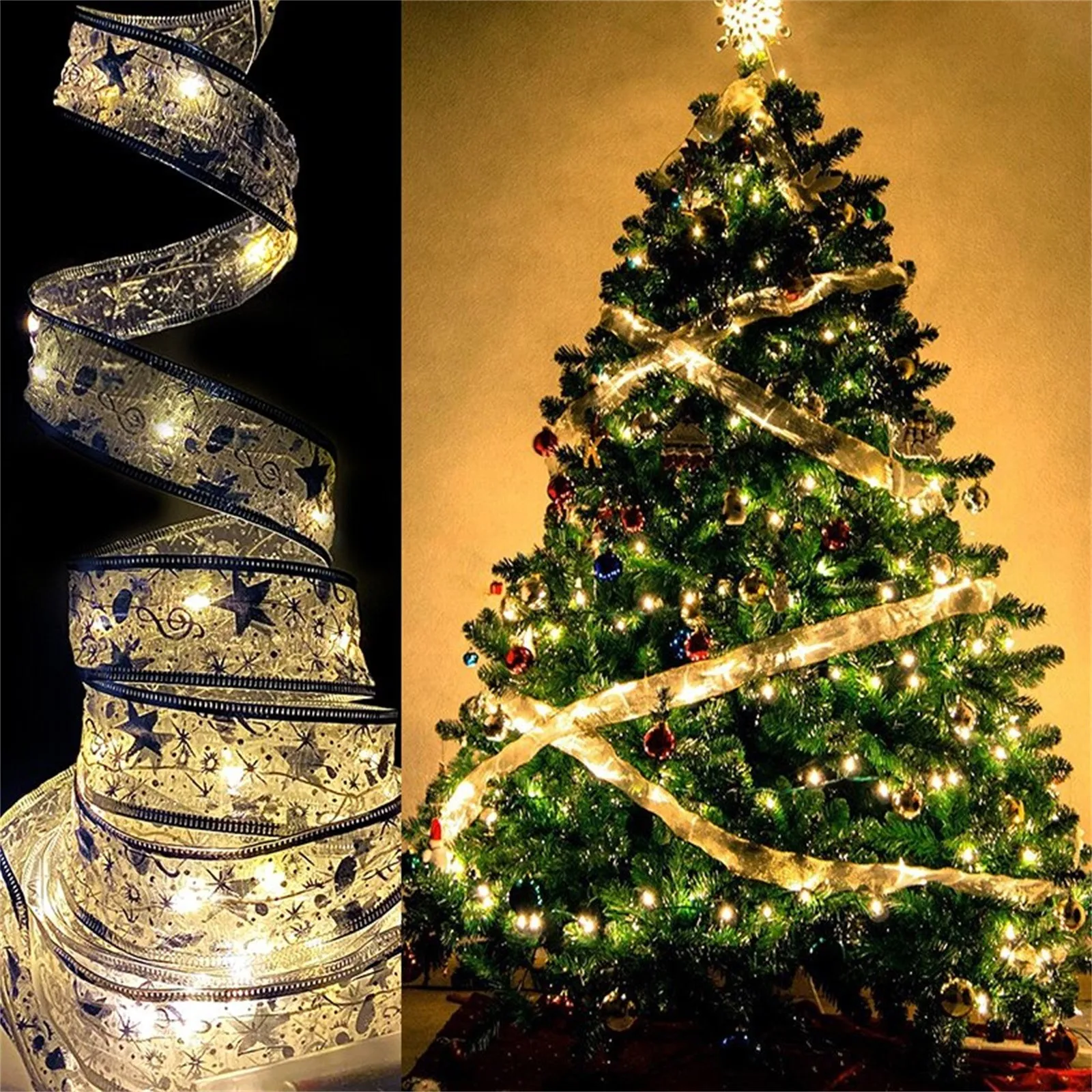 

Christmas Tree Decorations 50 Led 5m Double Layer Fairy Lights Strings Christmas Ribbon Bows Christmas Ornaments For Home Deco
