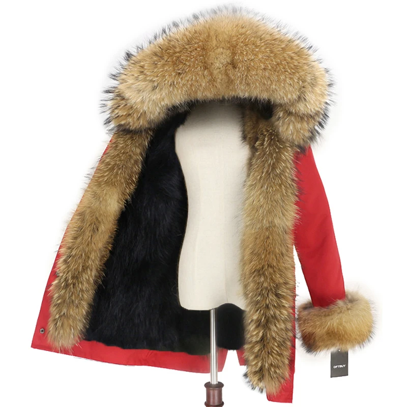 red black natural OFTBUY, водонепроницаемое пальто с натуральным мехом, длинная парка, зимняя куртка для женщин, натуральный мех енота, воротник, капюшон, подкладка из лисьего меха, теплая уличная одежда - Цвет: red black natural