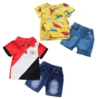 Летние комплекты одежды с динозавром для мальчиков, модная футболка с принтом для маленьких мальчиков + джинсовые шорты, 2 предмета, детский хлопковый костюм, JYF