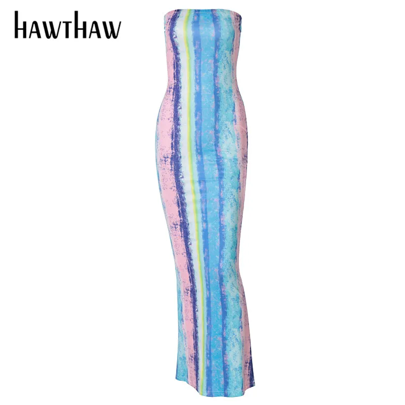 

Hawthaw Women Summer Strapless Printed Bodycon Party Club Slim Sleeveless Long Dress Sundress 2021 Female Clothing Streetwear