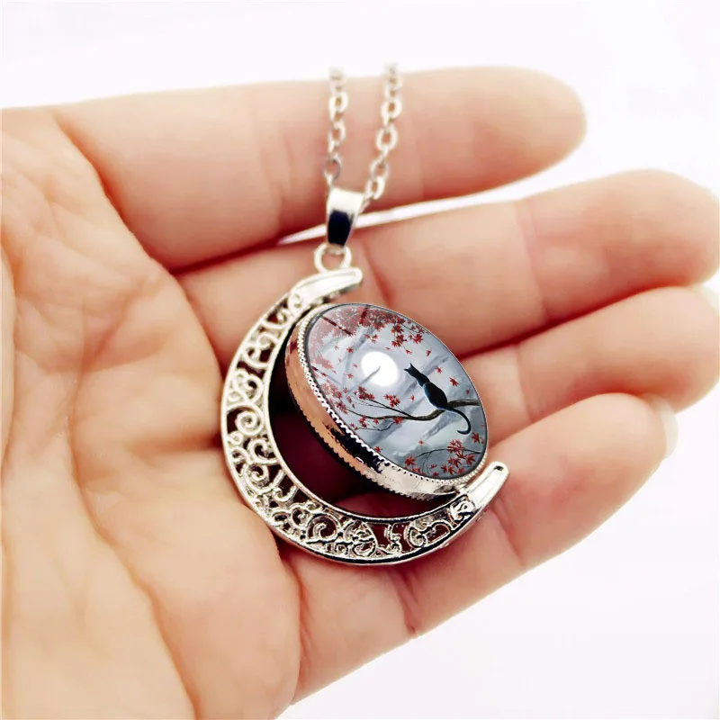 Colorful Feathers Pattern Necklace Women Vintage Sweater Chain Fashion Moon Glass Double Side Rotation Pendant Jewelry |