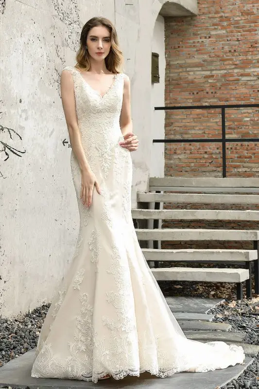 

Elegant Wedding Dresses Mermaid V-Neck Tulle Applique Backless Dubai Arabic Wedding Gown Bridal Dress Vestido De Noiva