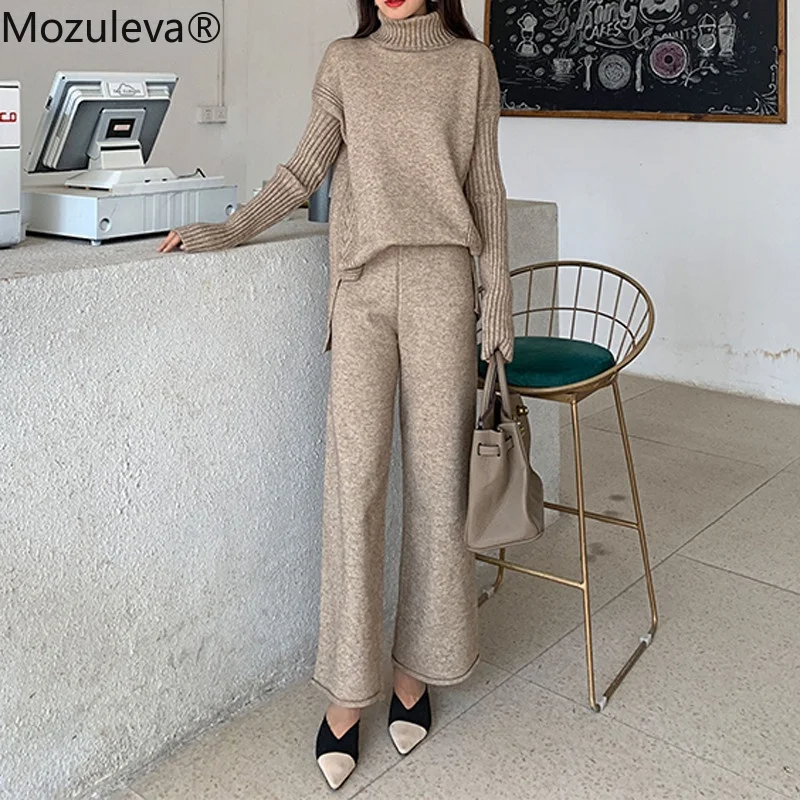 Осенне-зимний утепленный Женский комплект из 2 предметов водолазка и широкие