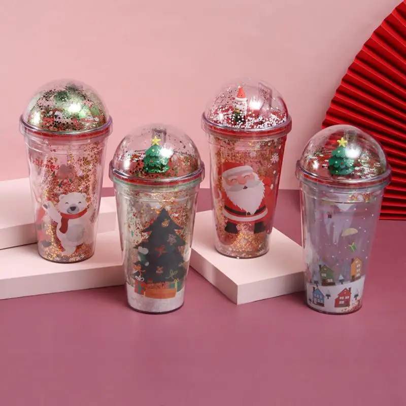 

Creative Christmas Water Cup Micro Landscape Plastic Straw Cup Cute Glitter Couple Christmas Gift Water Bottles Kids Mixing Cups