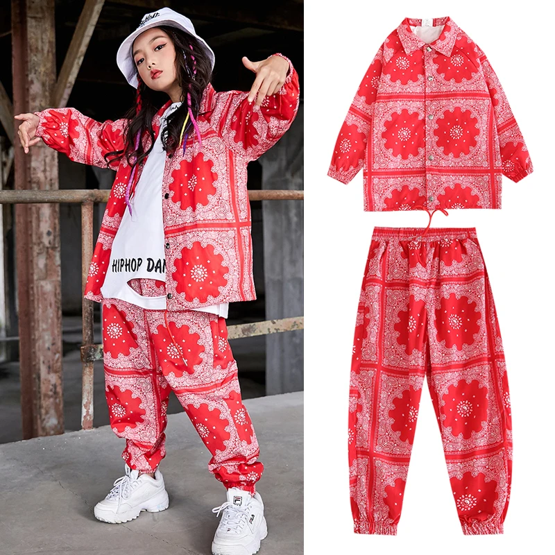 

New Hip Hop Girls Jazz Hip Hop Dance Costumes Kid Red Shirt Hiphop Pants Rave Clothes Ballroom Dance Dress Stage Outfits 110-170