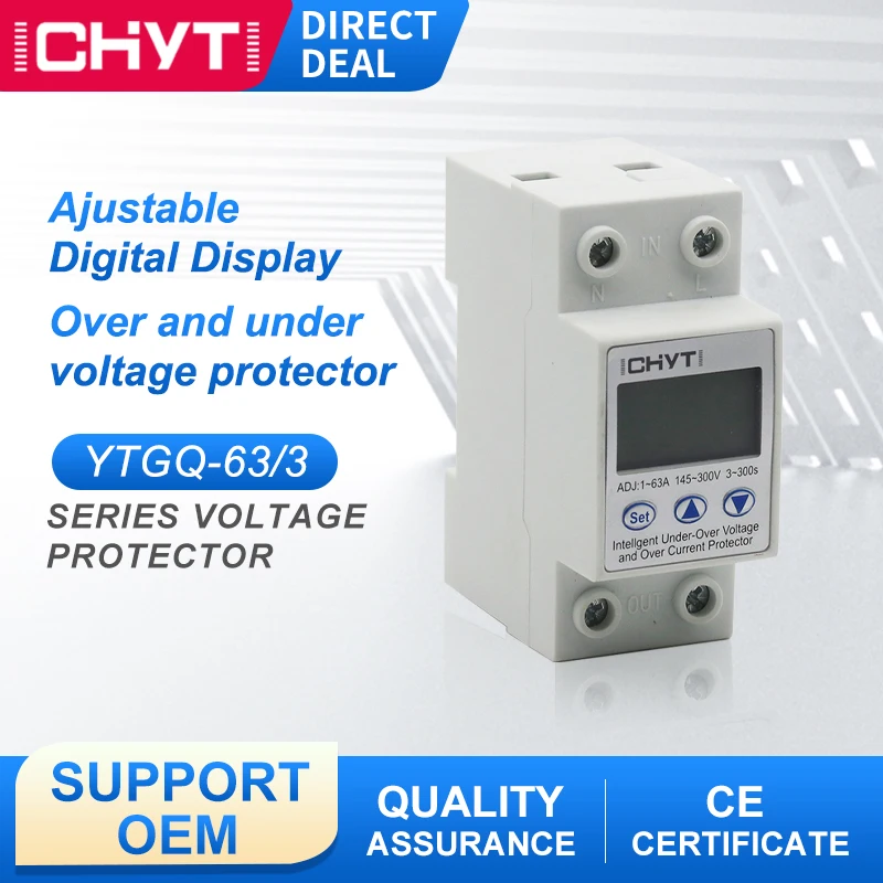

YTGQ-63/3 Over Under Voltage Relay 1-63A 230V Din Rail Adjustable Automatic Digital Display Limit Over Current Protection
