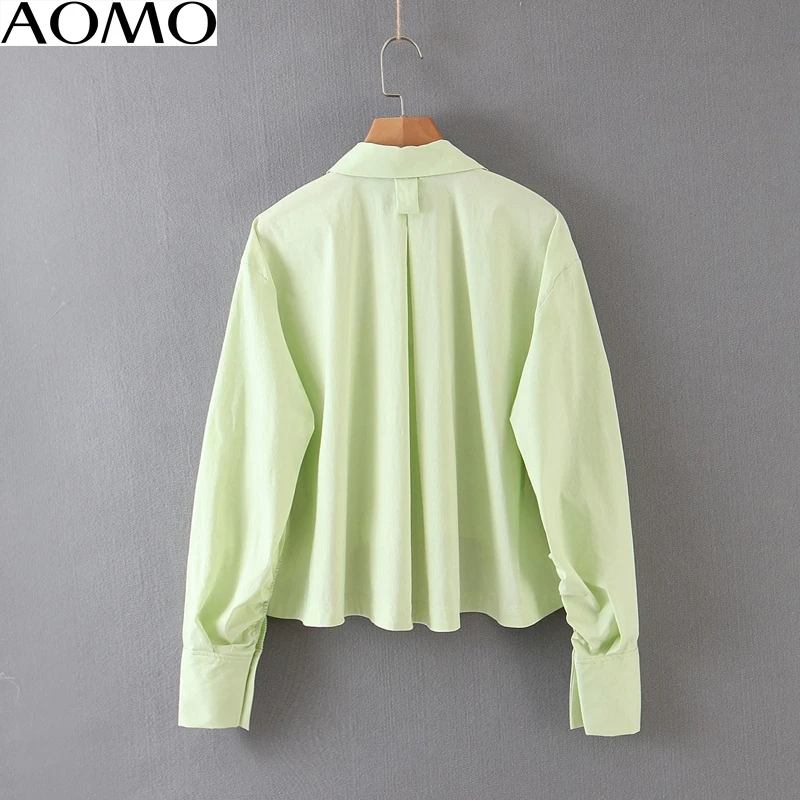 

AOMO fashion women retro oversized green crop blouse long sleeve chic female casual loose shirt blusas femininas QB132A
