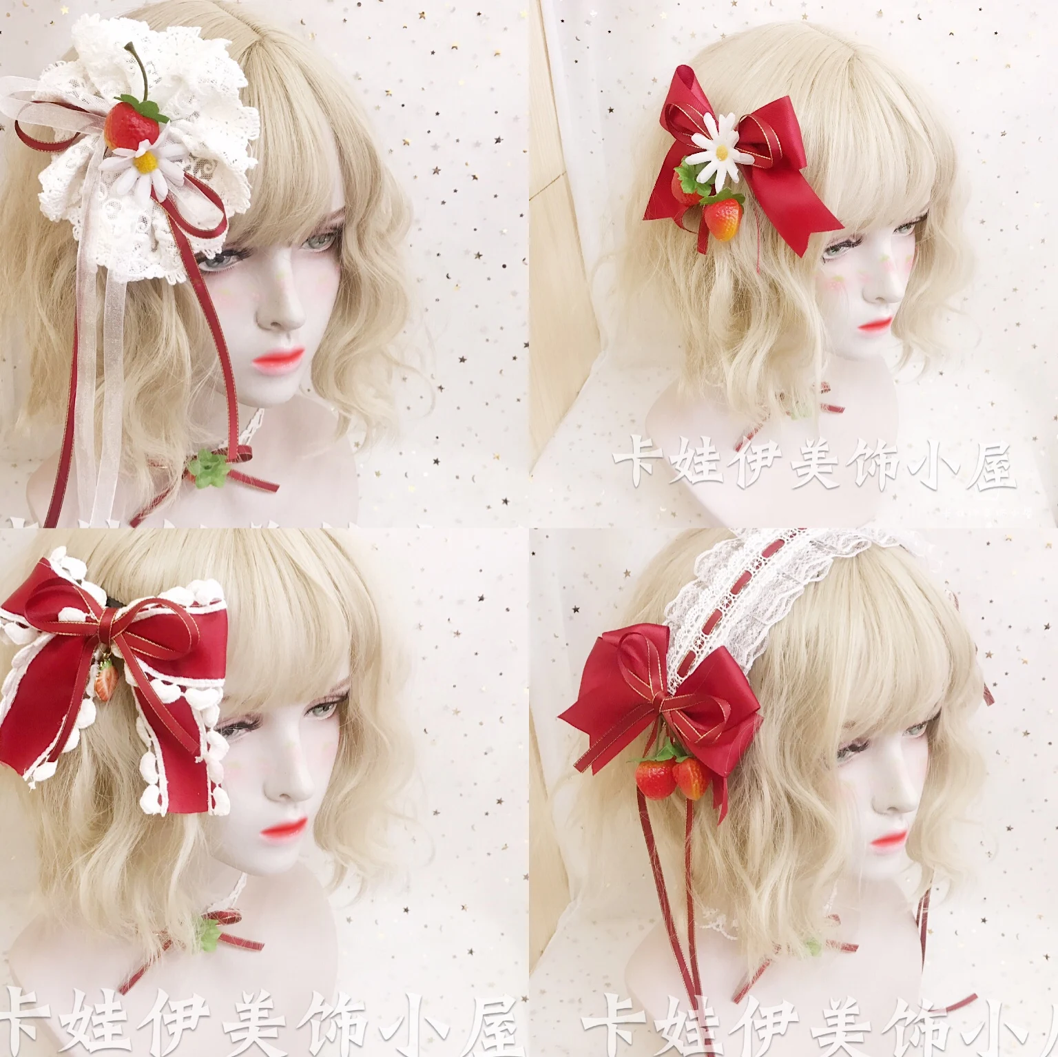 

Japanese style Sweet Lolita RED Plaid Hair Band KC Lace Strawberry Barrettes Hair Accessories Moon Stars Side Clip Hair Bands