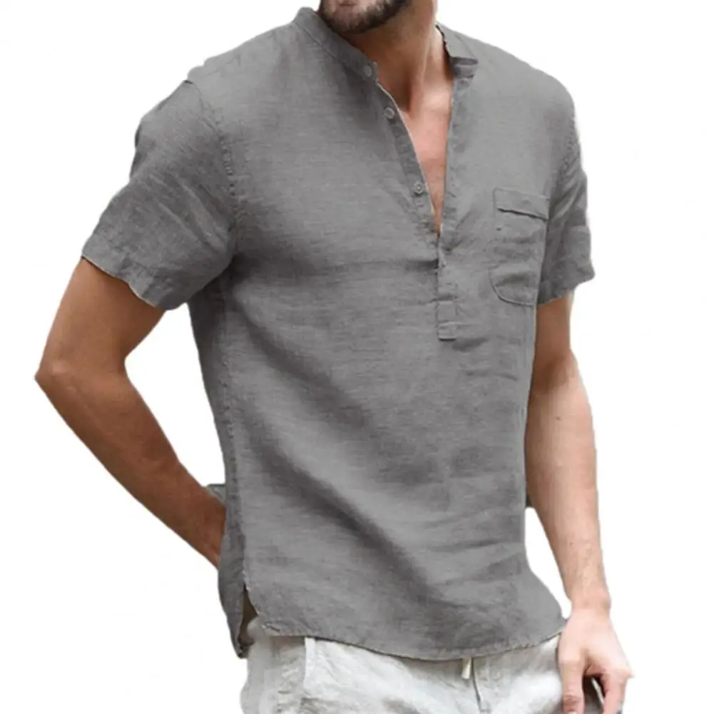 

Summer Men Tees Solid Color Stand Collar Men T-Shirt Quick Drying Buttons V Neck Short Sleeve Casual T-shirt Pullover Top 3XL