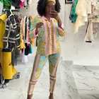 Женский винтажный комплект из 2 предметов, облегающий костюм с принтом, рубашка с длинным рукавом и штаны, весна-осень