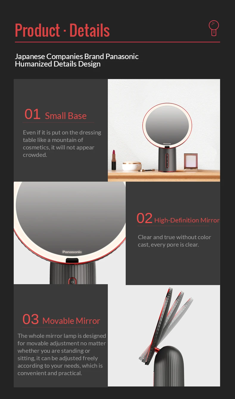 

Panasonic LED Body Sensor Makeup Mirror with Led Light HD Movable Mirror Lamp Stepless Dimming Vanity Table Mirrors Light