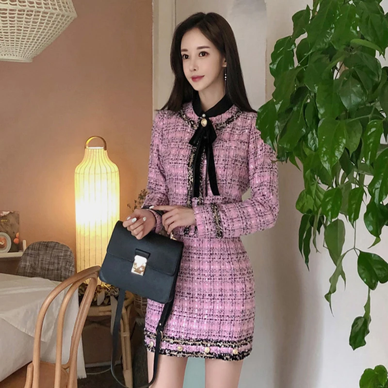 Осенне-зимний твидовый шерстяной Женский комплект 2 шт. с юбкой в клетку бантом