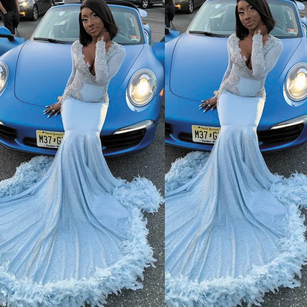 

SuperKimJo Robe De Soiree Blue Evening Dresses Long Sleeve Feather Lace Applique Modest African Evening Gown 2021