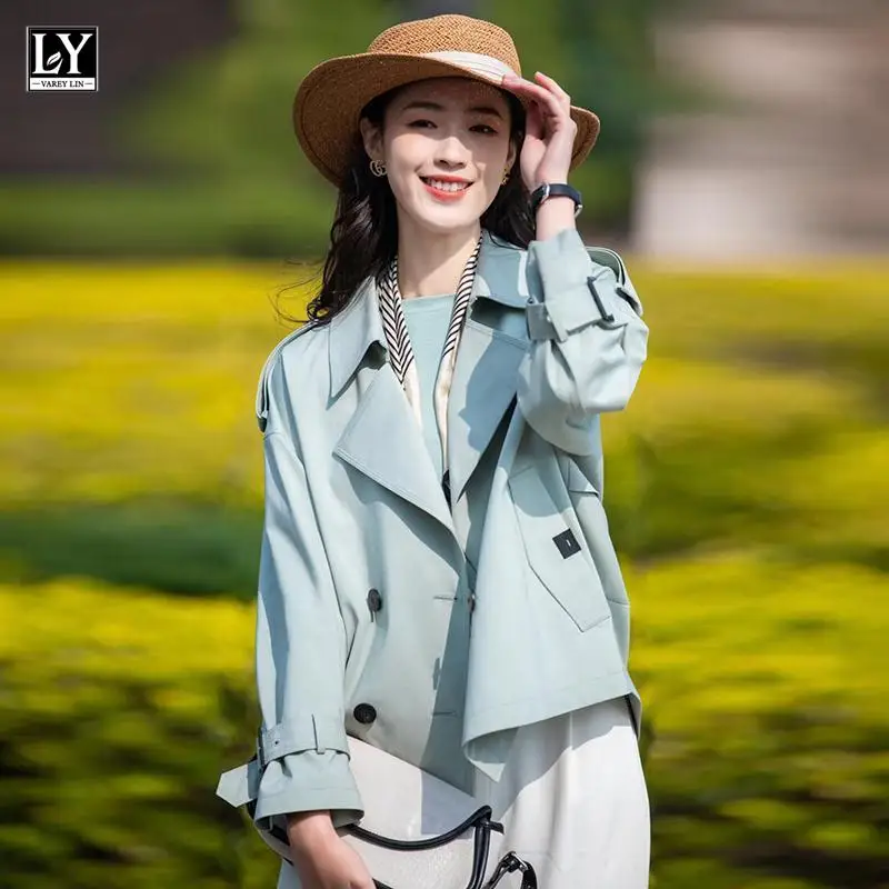 

LY VAREY LIN Spring Autumn Women Casual Loose Long Sleeve Solid Coat Office Lady Turn-down Collar Double Breasted Short Trench