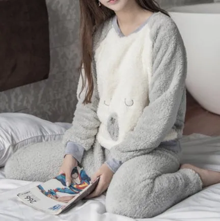 Grey bear Женский набор пижам Пижамы, костюм для сна, плотные брюки с длинными рукавами, женская зимняя теплая фланелевая ночная рубашка кораллового цвета с круглым вырезом, с рисунком Тоторо, животных, милая Пижама Mujer - Цвет: Grey bear