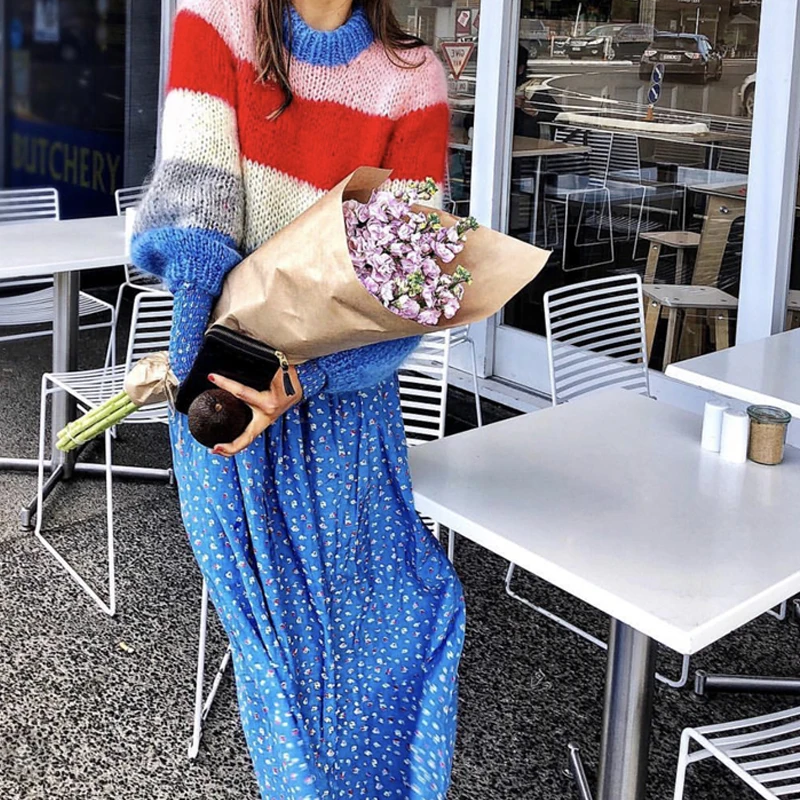 

UVRCOS Women Sweater 2020 Fall/Winter Mohair Strap Round Neck Loose Colorblock Striped Sweater