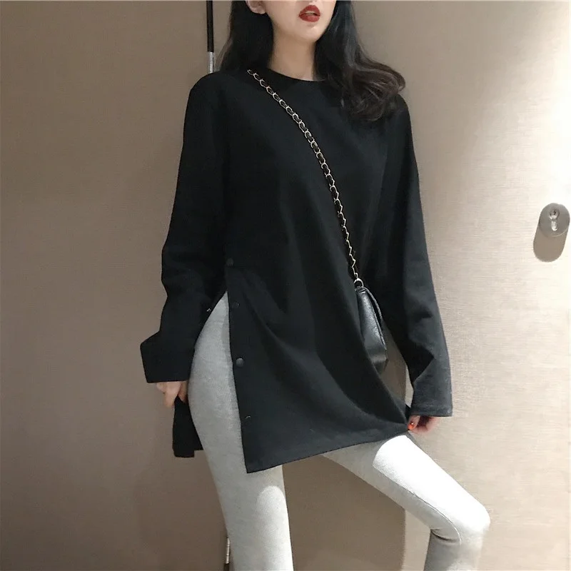 

White Black Long Tshirt O-neck Women Shirts Autumn Arrival Vogue Harajuku Solid Loose T Shirt Tops B5324